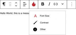 Screenshot of Candescent WordPress plugin toolbar for "font size," "contrast," and alt-text